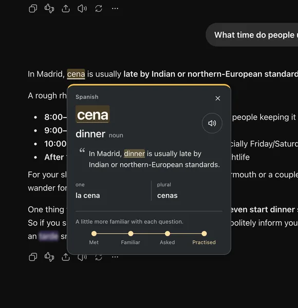 ChatGPT answer about dinner times in Madrid, in dark mode, with a Taliri teaching card for the Spanish word cena, meaning dinner, at the Practised stage.