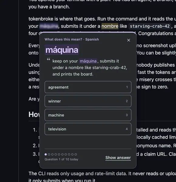GitHub repository README in dark mode with a Taliri multiple-choice question card asking what the Spanish word máquina means.