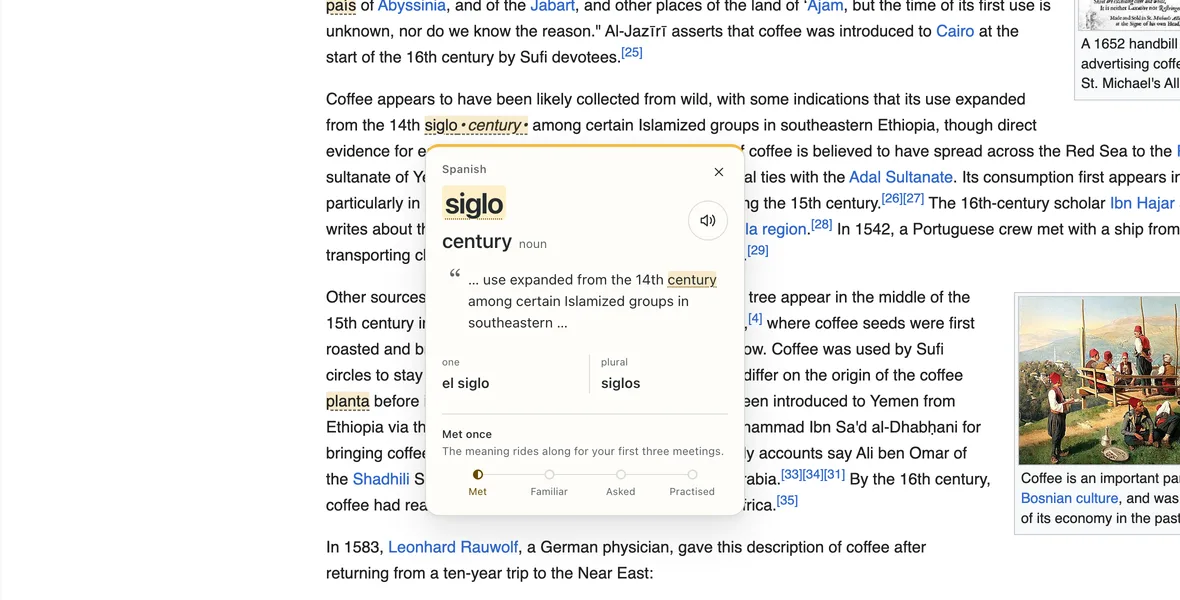 Wikipedia article about coffee in light mode with a Taliri teaching card for the Spanish word siglo, meaning century, quoting the sentence it appeared in.